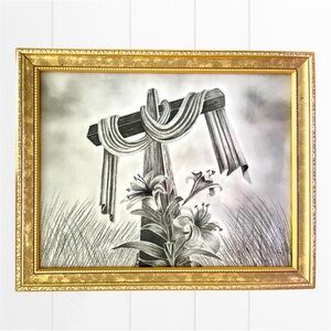 Framed Signed Pencil Sketch E. Shea Religious Christian Theme Lilies Cross 10x12